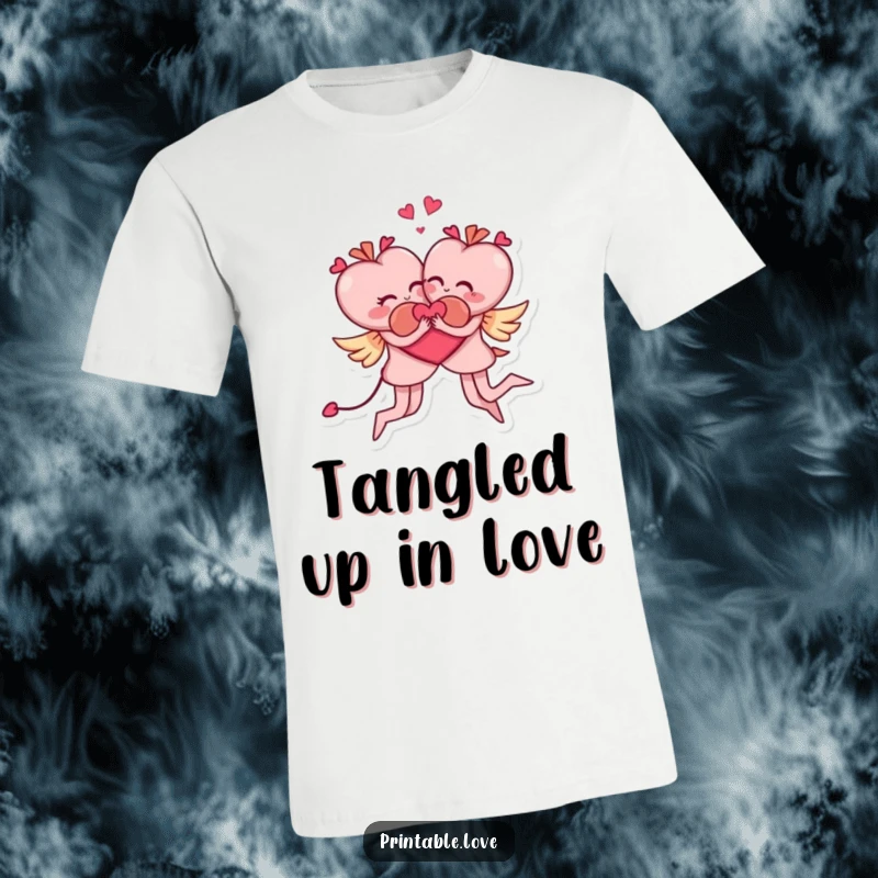 Funny t-shirt featuring two charming heart characters performing a comical acrobatic embrace, celebrating love with humor.