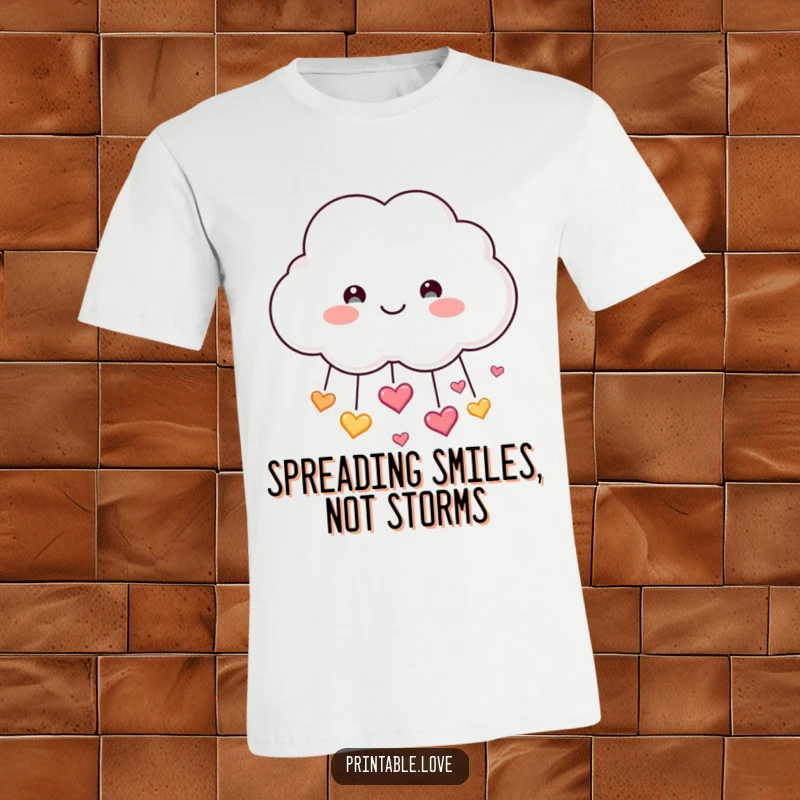 Funny Cloud T-Shirt: A smiling cloud character gleefully showers sparkling hearts, creating a scene of pure, uplifting happiness.