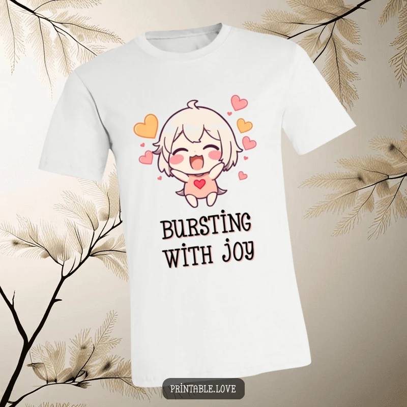 Funny excited character T-shirt design with hearts bursting around the head, great for expressing joy.