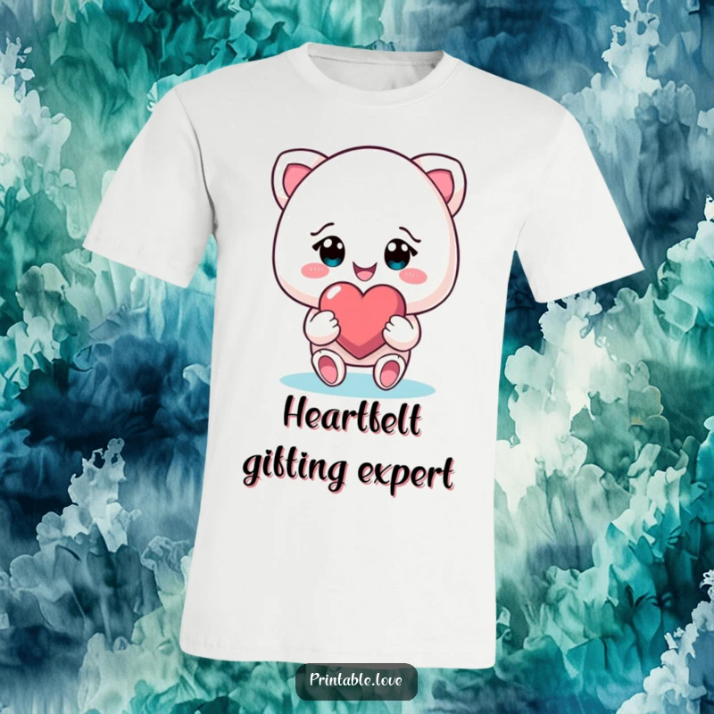 Funny smiling character in a t-shirt, gifting a heart with beaming eyes, a cheerful and loving apparel item.