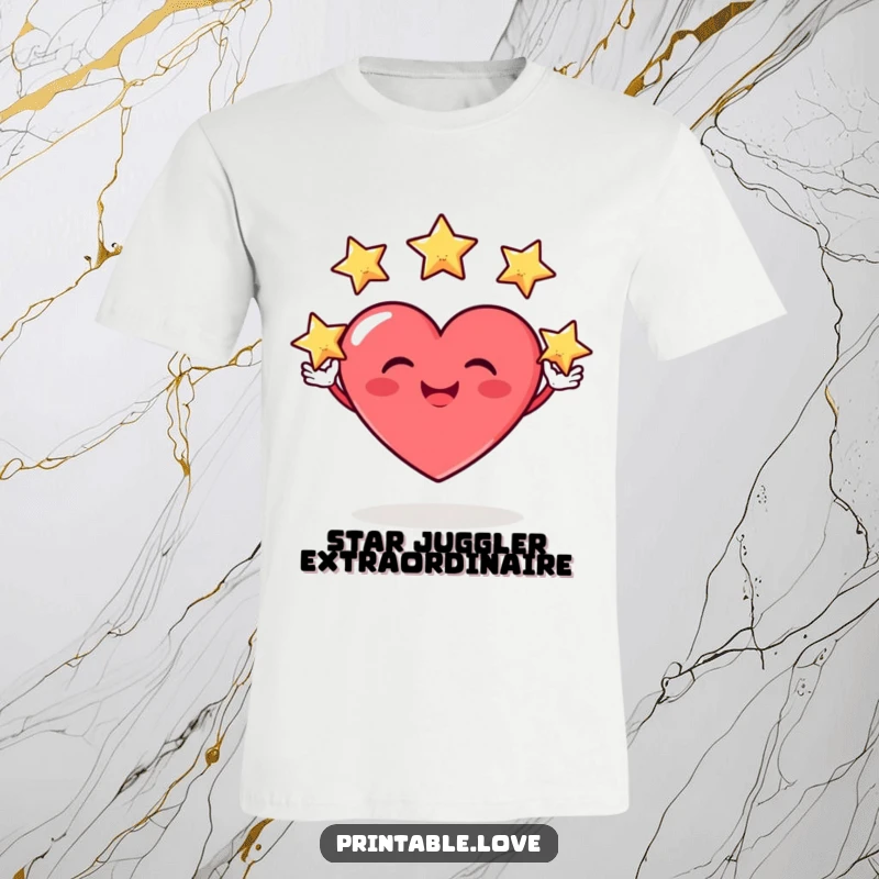 Funny t-shirt featuring a heart character with a huge, silly grin, expertly juggling three small, glowing stars in a whimsical display.