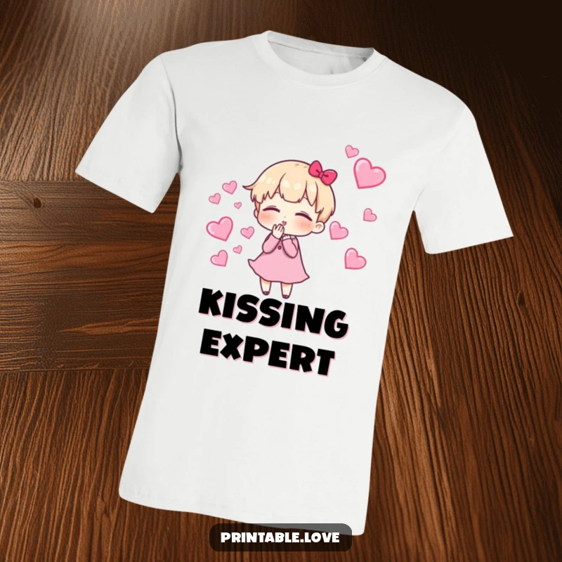 Funny T-Shirt featuring a cute character blowing kisses with a whimsical trail of floating hearts, expressing playful affection.