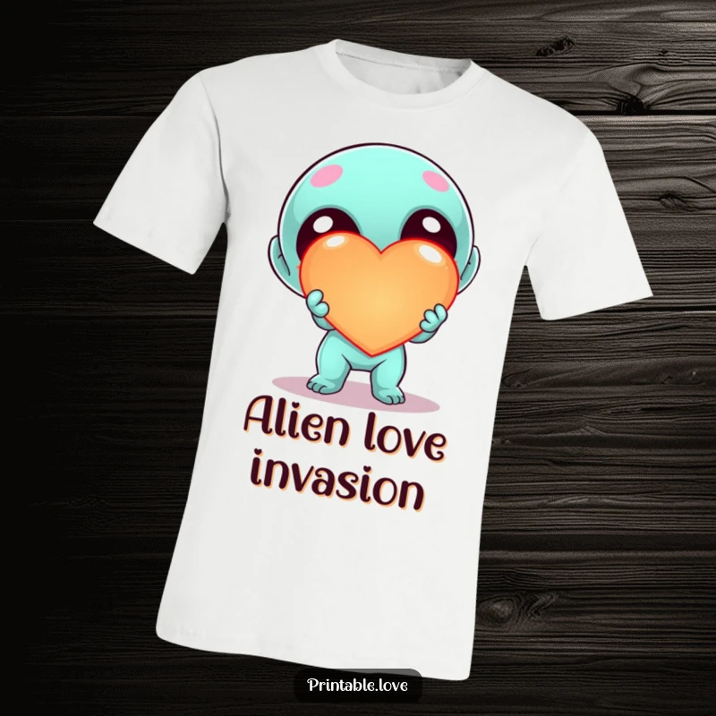 Funny Kawaii Alien T-Shirt, cute cartoon alien offering a large, bright, glowing heart with enthusiasm, promoting love and connection.
