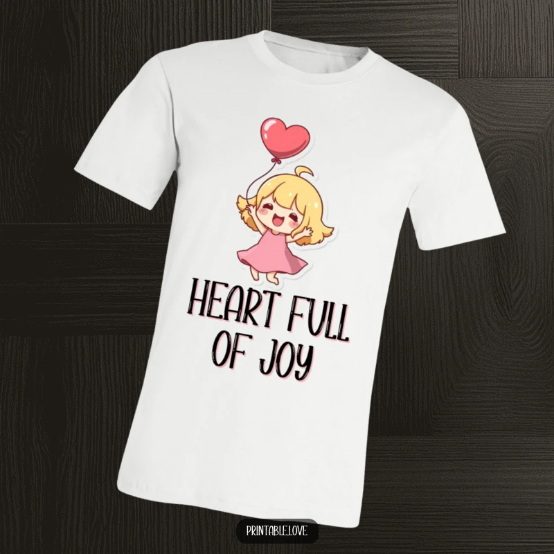 Funny T-Shirt: A Kawaii character joyfully twirls with a heart balloon, embodying pure, adorable happiness.