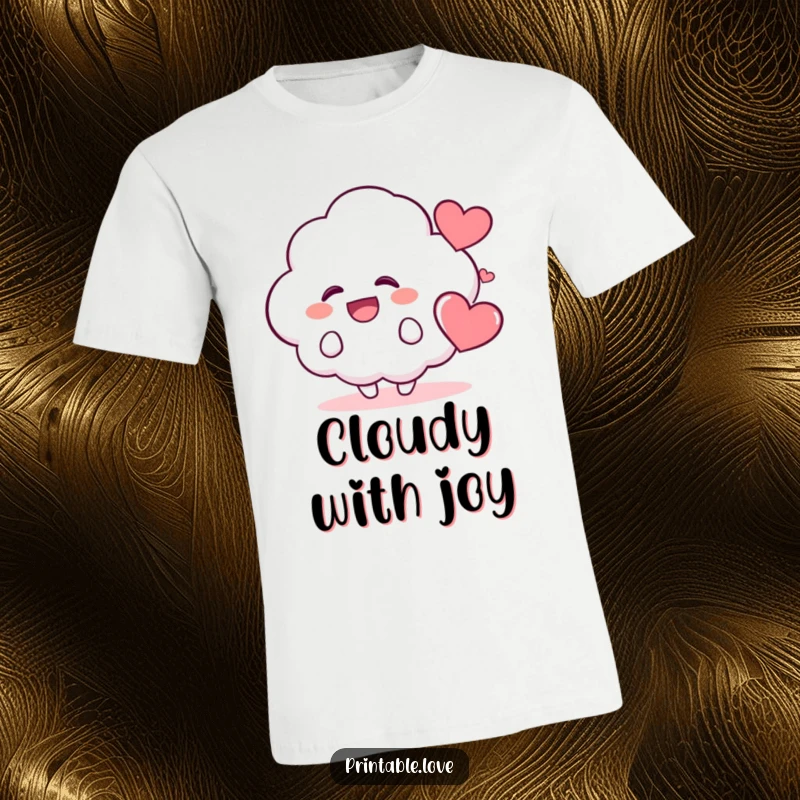 Funny Kawaii Cloud T-Shirt: A cheerful cartoon cloud character is depicted laughing heartily, with a happy heart floating nearby, symbolizing infectious joy.