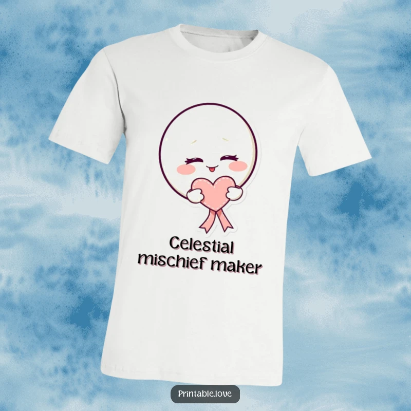 Funny kawaii moon t-shirt winking mischievously while holding a heart-shaped ribbon, showcasing playful charm.