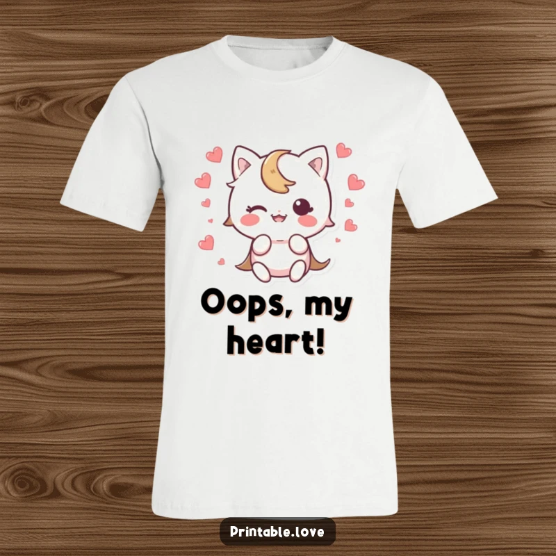 Funny Kawaii Character T-Shirt featuring a cute character mid-trip, with a heart scattering in surprise, hilariously relatable.