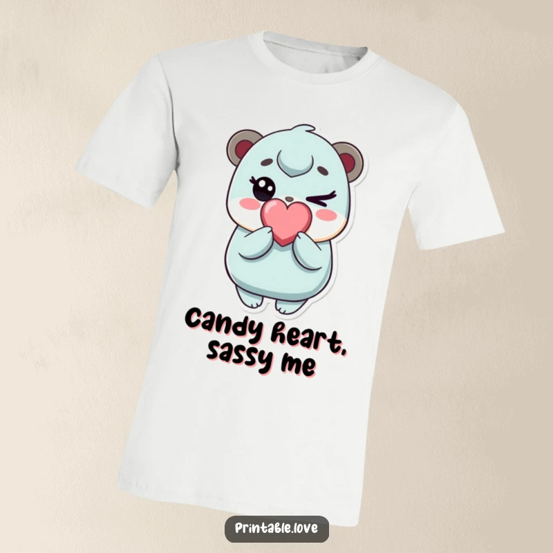 Funny kawaii character t-shirt, playfully winking with a heart candy, cute graphic tee, adorable and cheerful design for all.