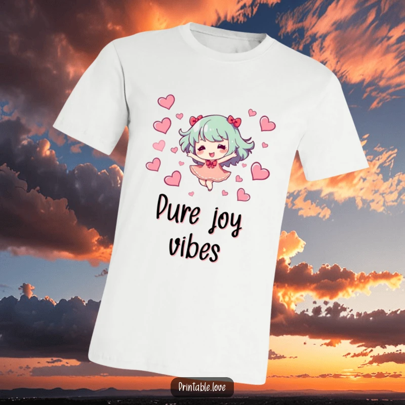 Funny T-Shirt: A happy character dances joyfully surrounded by pink hearts, radiating pure delight and love, a fantastic funny gift.
