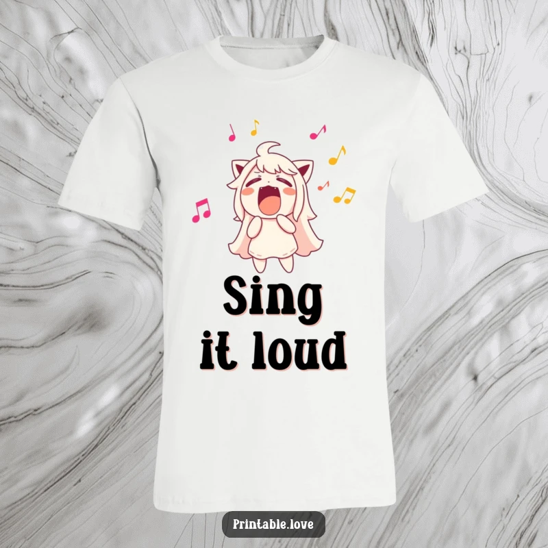 Funny character singing loudly, musical notes flying everywhere, vibrant t-shirt, perfect for music enthusiasts.