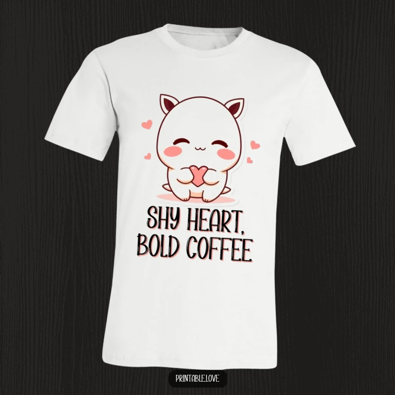 Funny shy kawaii character t-shirt, blushing and offering a heart, cute expressive graphic tee, perfect for showing affection.