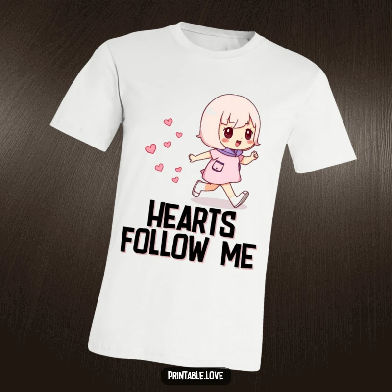 Funny Striding Hearts T-Shirt: Character confidently moving forward, dropping mini hearts, symbolizing a positive journey.