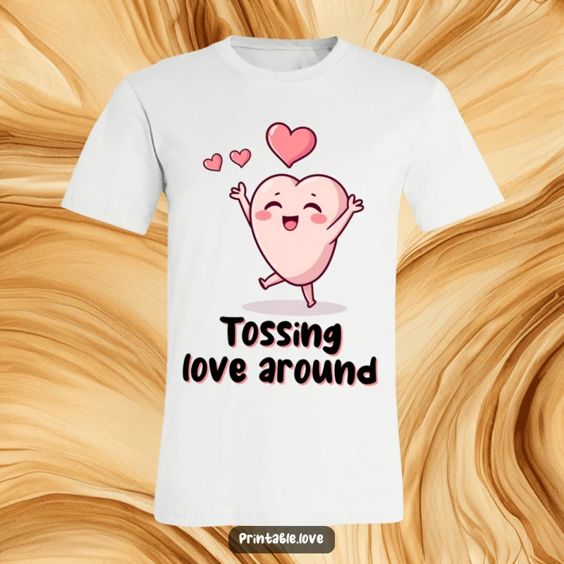 Funny tiny heart T-shirt design showing a cute heart character joyfully tossing another heart, a fun gift.