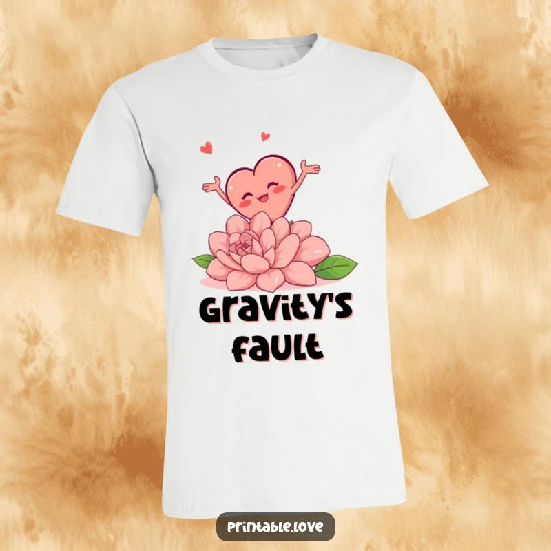 Funny t-shirt depicting a chubby heart character in a comical fall over a large flower, with arms flailing wildly.