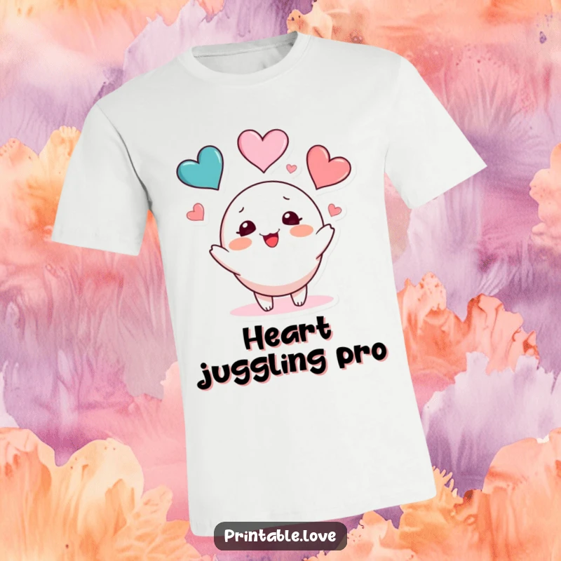 Funny heart juggling t-shirt featuring a cute, blushing character tossing three colorful hearts with a smile, symbolizing joy.