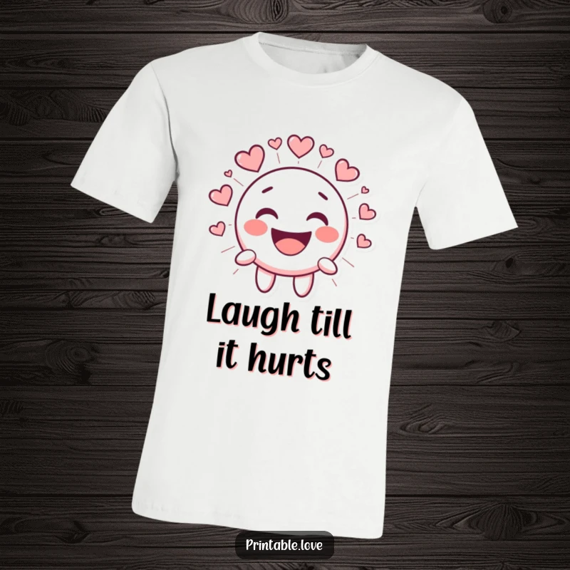 Funny Kawaii Smiley Face T-Shirt, cute cartoon face laughing hysterically, radiating heart shapes, expressing pure delight and positivity.