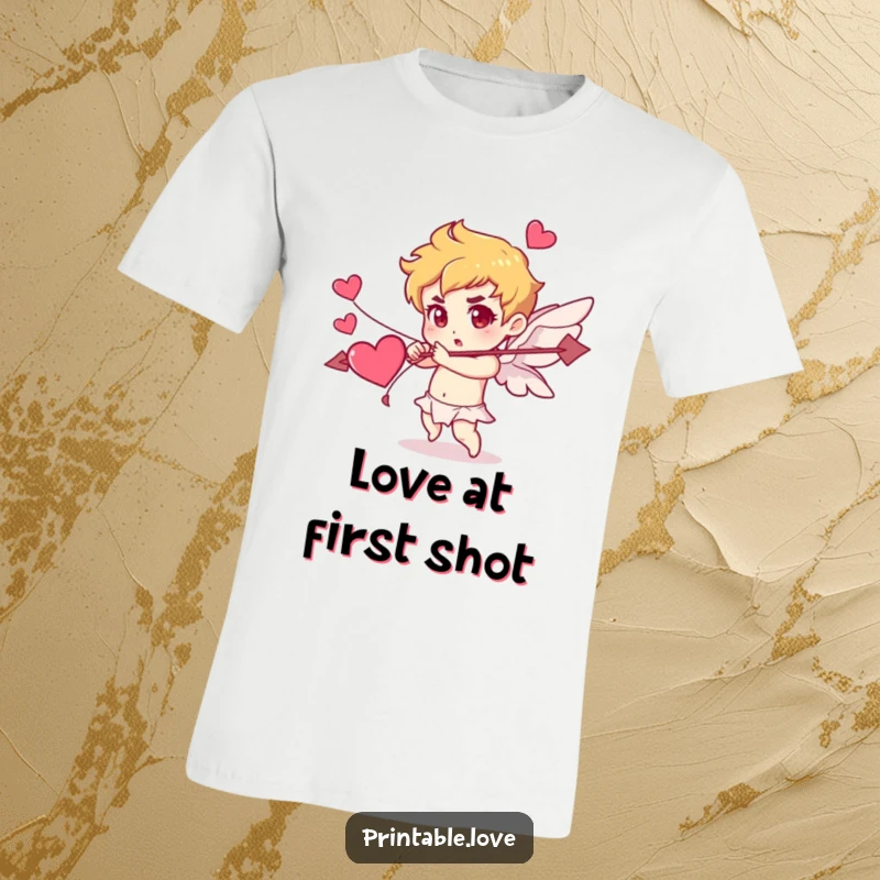 Funny Cupid t-shirt of a character determinedly shooting an arrow made of hearts, perfect for expressing romantic humor.