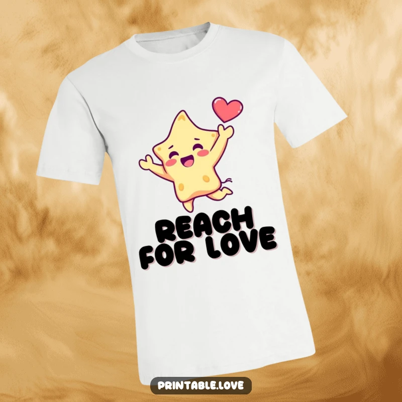 Funny Kawaii Star T-Shirt: A cheerful cartoon star character performs an energetic leap, holding a heart symbol high in a gesture of pure celebration.