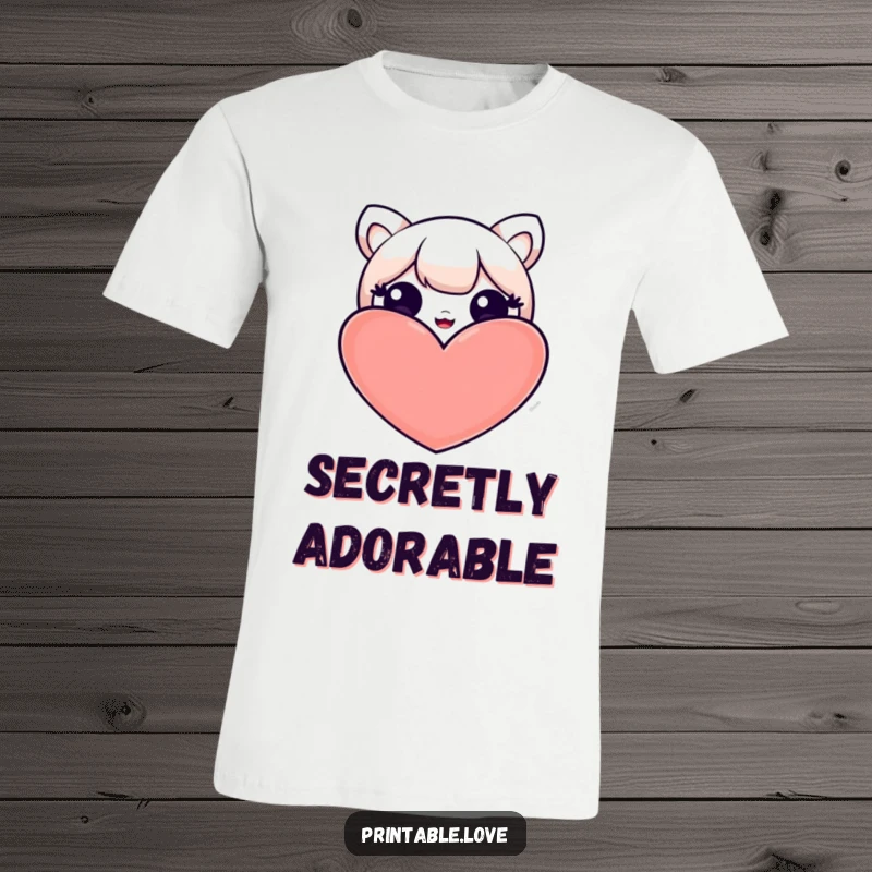 Funny t-shirt featuring a kawaii character peeking shyly from behind a large, bright heart, embodying a sweet and humorous surprise.