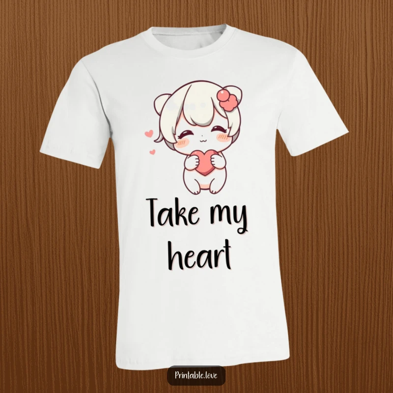 Funny Blushing Heart T-Shirt: A small character blushes and playfully extends a heart towards the viewer, conveying sweet shyness.