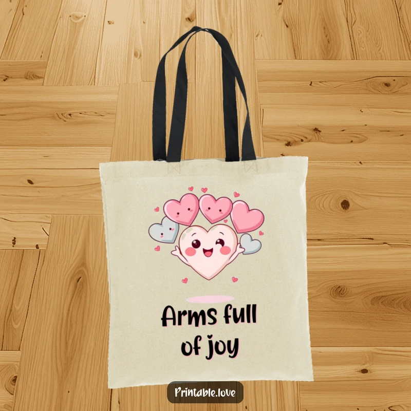 Funny Kawaii Heart Tote Bag: A cute heart character is depicted juggling multiple smiling hearts, symbolizing the abundance of love and happiness carried within.