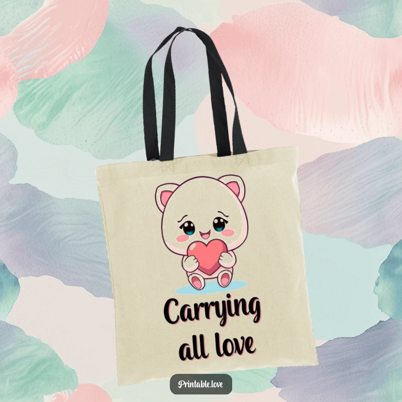 Funny smiling character on a tote bag, gifting a heart with beaming eyes, a practical and charming accessory.