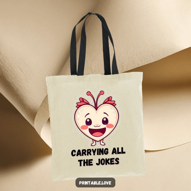 Funny heart character with wide eyes, captured mid-laugh on a stylish and functional tote bag.