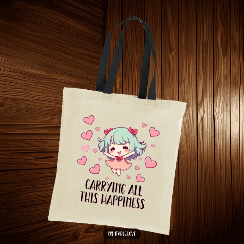 Funny Tote Bag: A delightful character dances with hearts, a symbol of pure joy, perfect for carrying essentials and a funny gift.