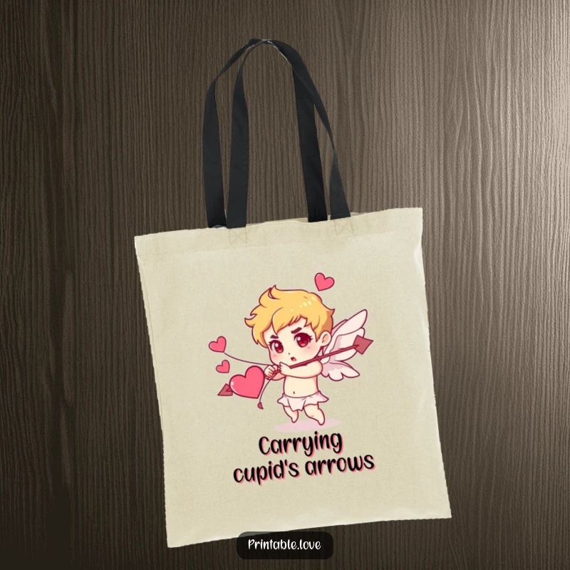 Funny Cupid tote bag featuring a character determinedly shooting an arrow made of hearts, practical for carrying items with romantic humor.