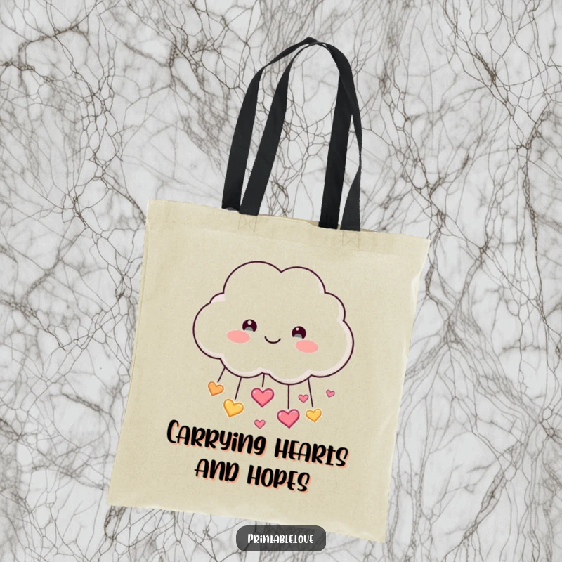 Funny Cloud Tote Bag: Depicts a smiling cloud character showering sparkling hearts, symbolizing love, happiness, and gentle joy.