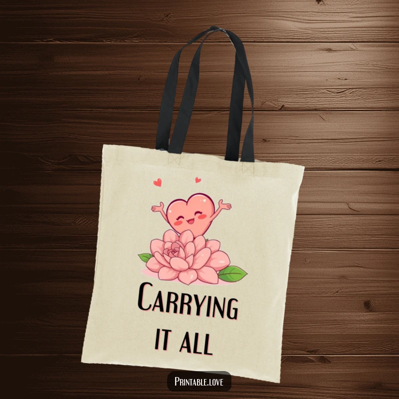 Funny tote bag illustrating a chubby heart character falling over a giant flower, limbs flailing in a comical, chaotic manner.