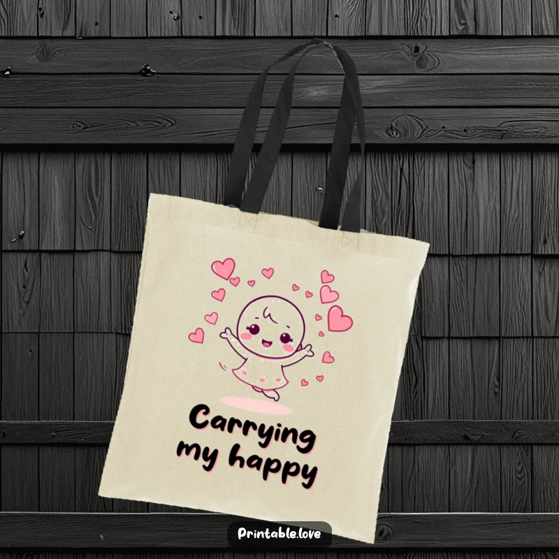 Funny tote bag depicting a kawaii character dancing enthusiastically with hearts swirling around, perfect for carrying essentials with a joyful flair.