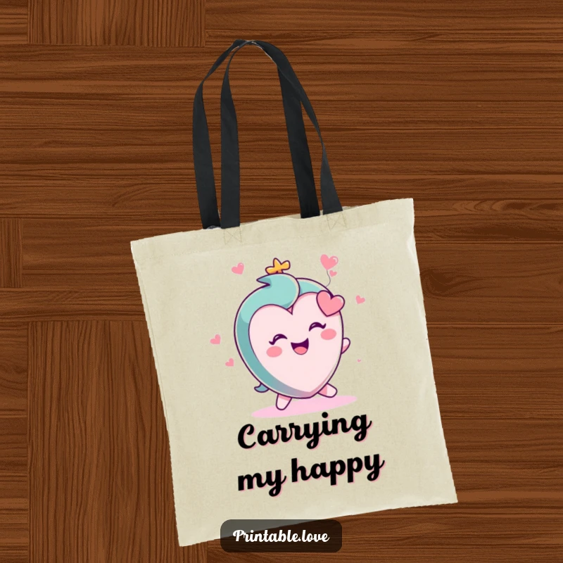 Funny tote bag illustration of a small, round heart character in the process of tripping, with a huge, gleeful smile and arms outstretched.