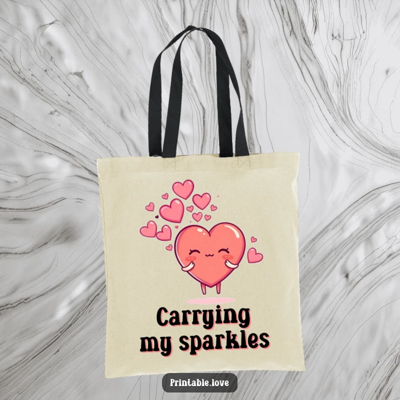 Funny tote bag with a heart character exhaling a whimsical cloud of sparkly hearts, perfect for carrying essentials with flair.