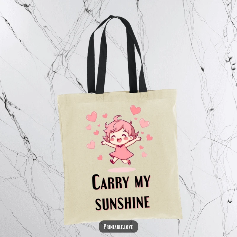 Funny Tote Bag adorned with a character joyfully dancing with abandon, surrounded by a shower of floating hearts, symbolizing pure delight.