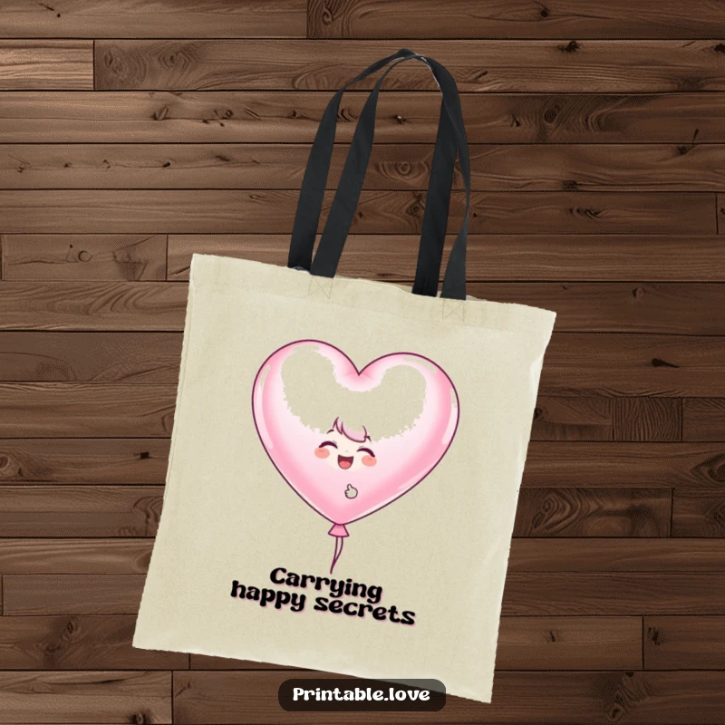 Funny heart balloon tote bag showcasing a giggling character peeking from behind a large heart-shaped balloon, perfect for everyday use.