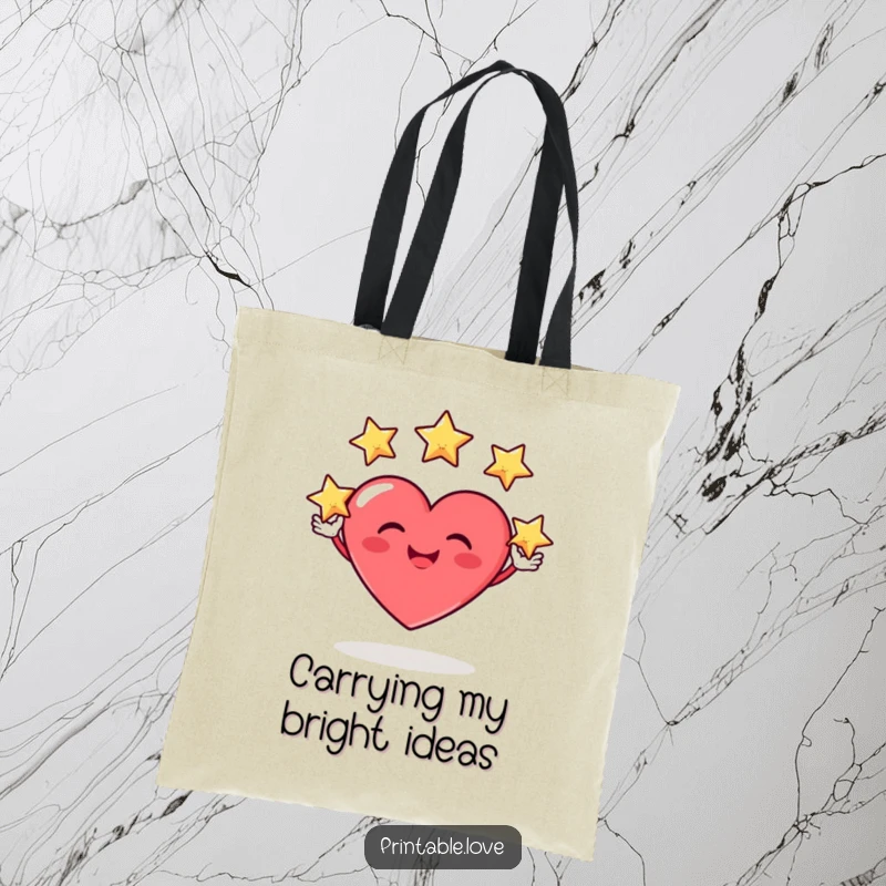 Funny tote bag illustration of a heart character with a wide, silly grin, actively juggling three small, shimmering stars with impressive skill.