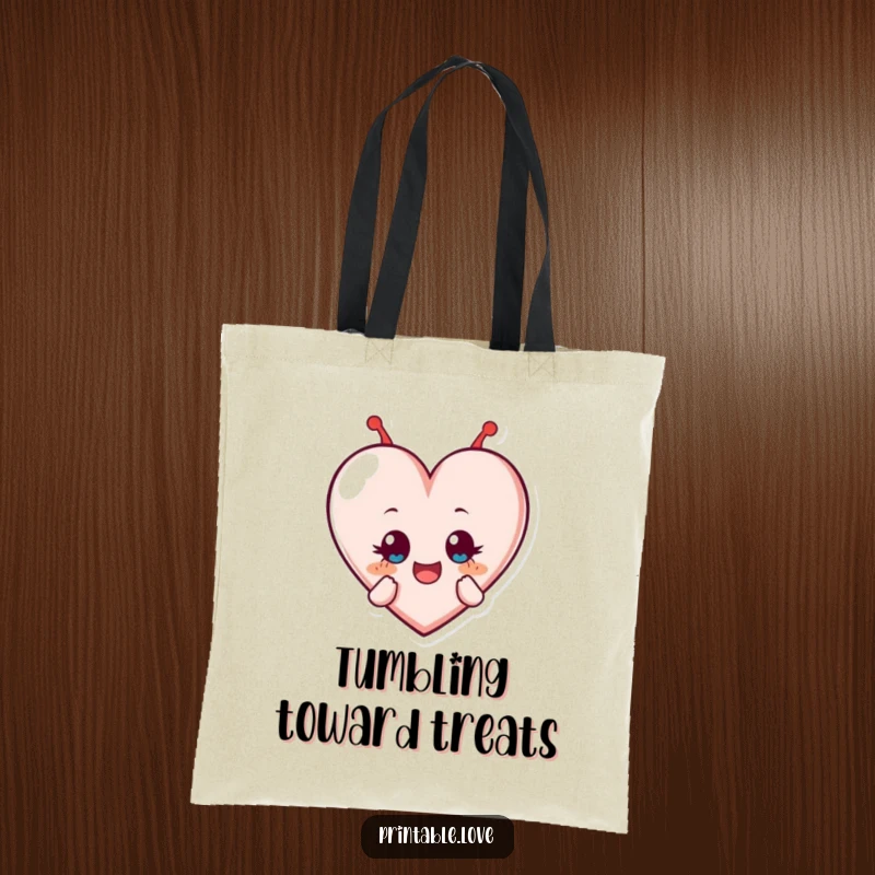 Funny tote bag illustration of a heart character in mid-tumble, eyes wide with pure delight and a joyful, open expression of excitement.
