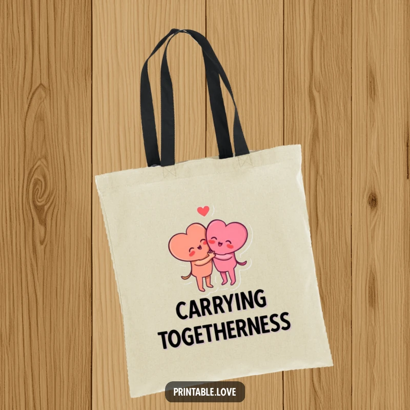 Funny small heart characters sharing a sweet hug on a durable and stylish tote bag.