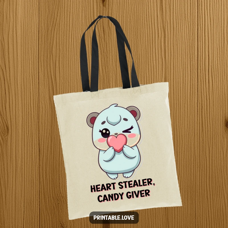Funny kawaii character tote bag, playfully winking with a heart candy, cute and practical accessory, perfect for shopping and daily use.