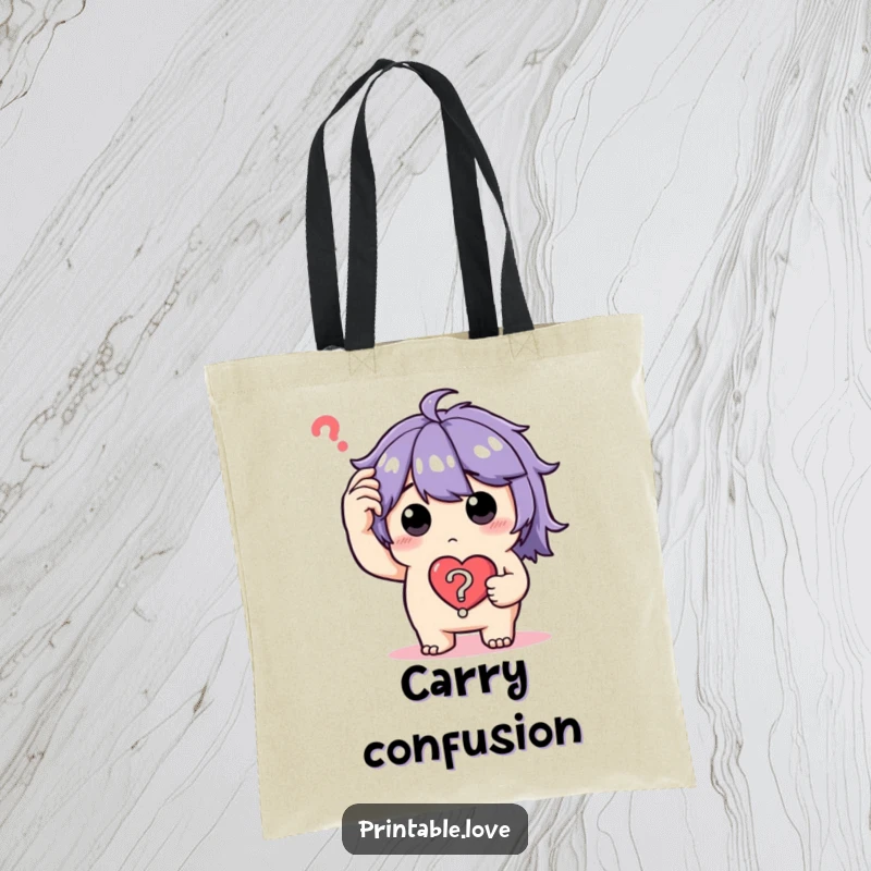 Funny Tote Bag with a perplexed character scratching their head, holding a heart-shaped question mark, perfect for carrying essentials with humor.