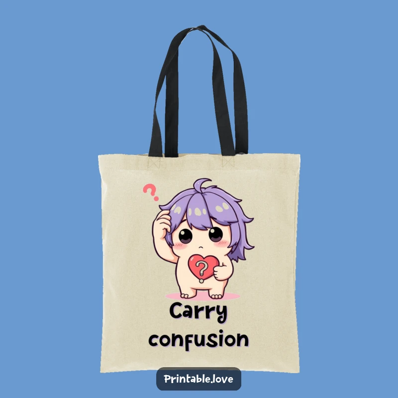 Funny Puzzled Heart Tote Bag: Perplexed Character Carry-All, Ideal Funny Gift