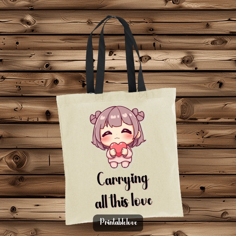 Funny Tote Bag: A shy character with rosy cheeks holds a single delicate heart, perfect for carrying essentials.