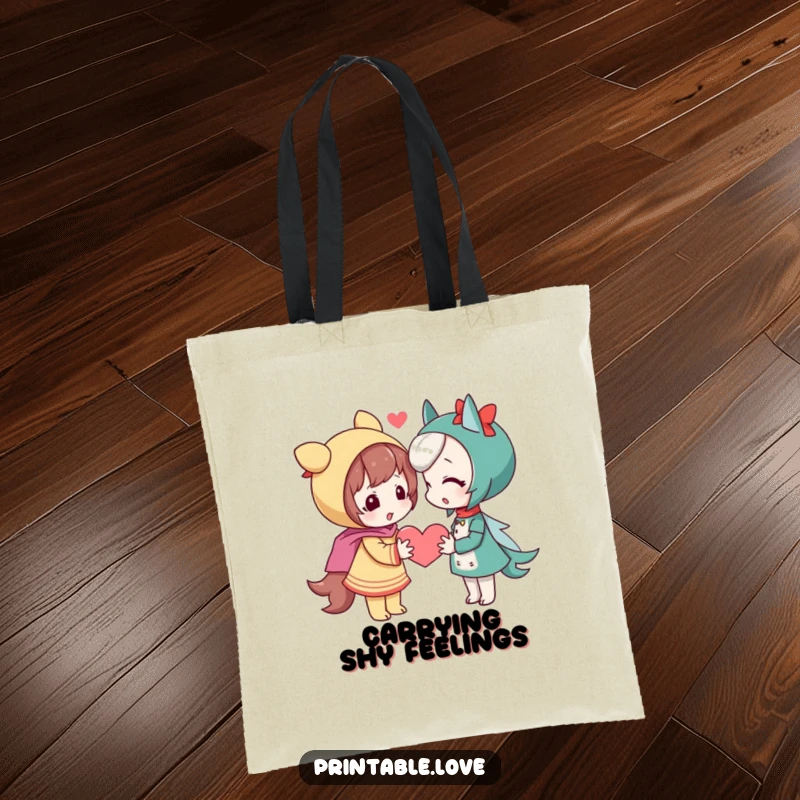 Funny playful character tote bag, a shy figure offering a heart, perfect for a funny gift.