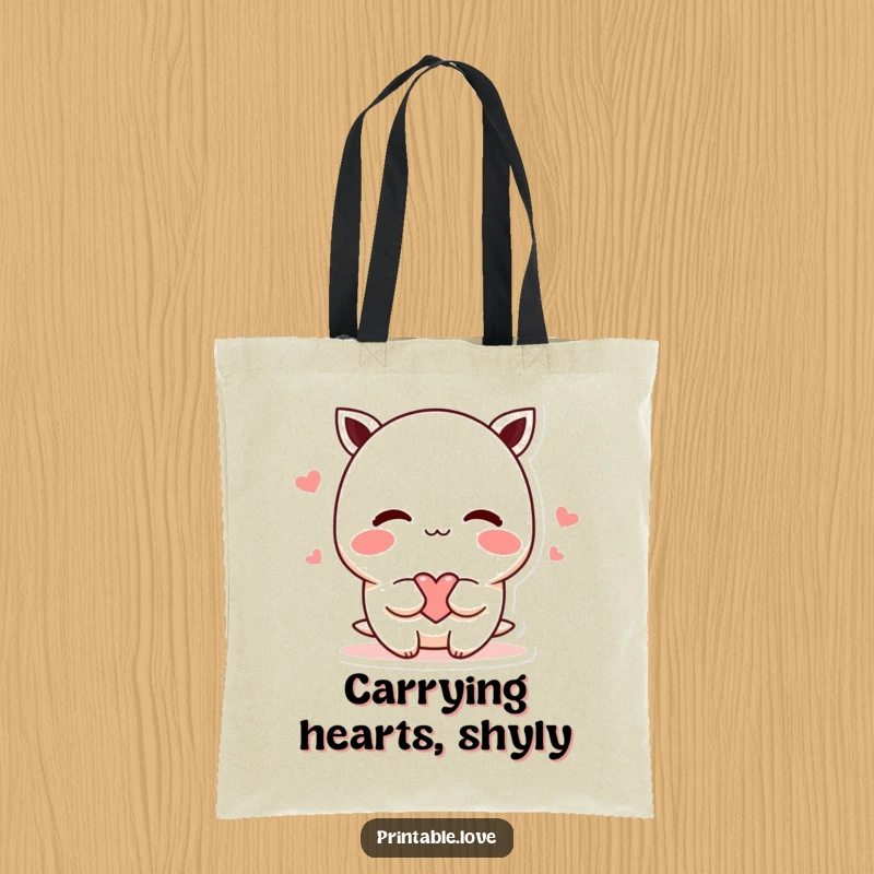 Funny shy kawaii character tote bag, blushing and offering a heart, cute and practical bag, ideal for carrying essentials with love.
