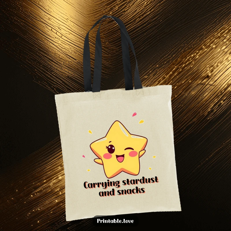 Funny Star Tote Bag: Features a tiny winking star character throwing confetti, embodying cheerful mischief and playful celebration.