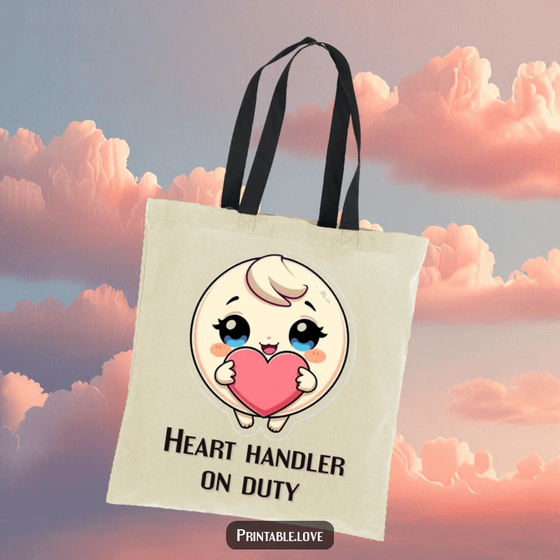 Funny Giggling Heart Tote Bag: A cute round character with big eyes giggles while holding a giant heart, ready for your daily essentials.