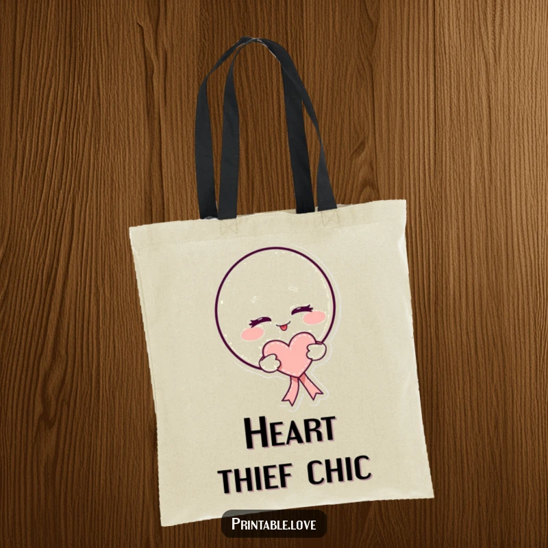 Funny kawaii moon tote bag with a mischievous wink and a heart-shaped ribbon, ideal for carrying treasures.
