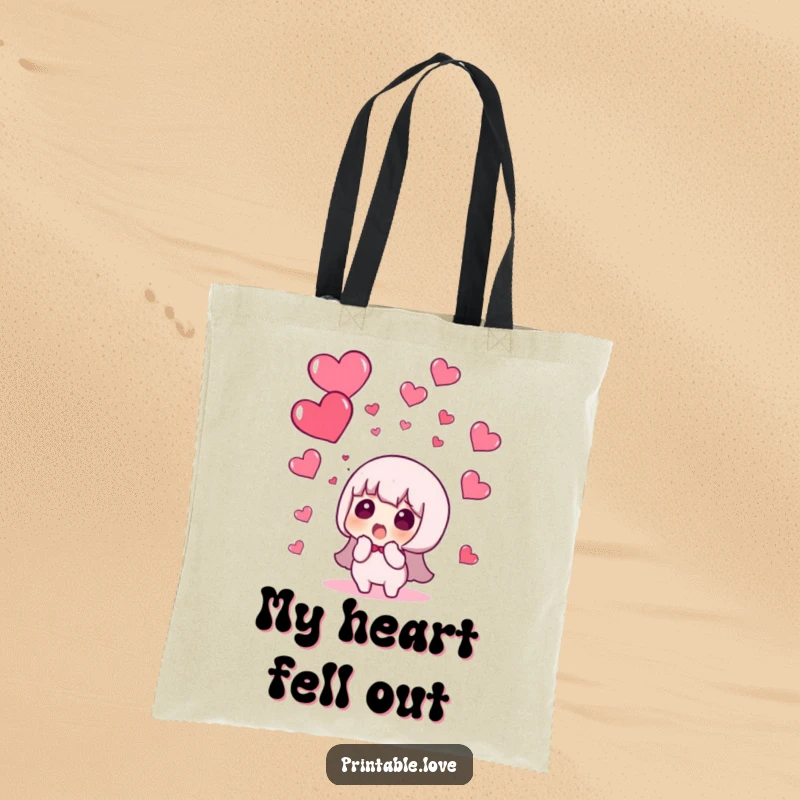 Funny tote bag depicting a character comically reacting to a sky raining down red hearts, perfect for carrying fun.